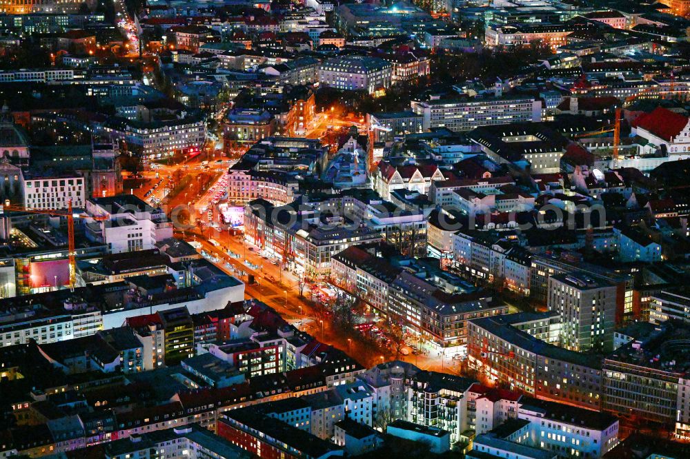 München at night from the bird perspective: Night lighting old Town area and city center on street Josephspitalstrasse - Sonnenstrasse in the district Altstadt in Munich in the state Bavaria, Germany
