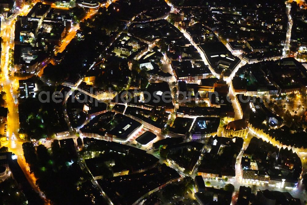 Aerial photograph at night Münster - Night lighting Old Town area and city center in Muenster in the state North Rhine-Westphalia, Germany