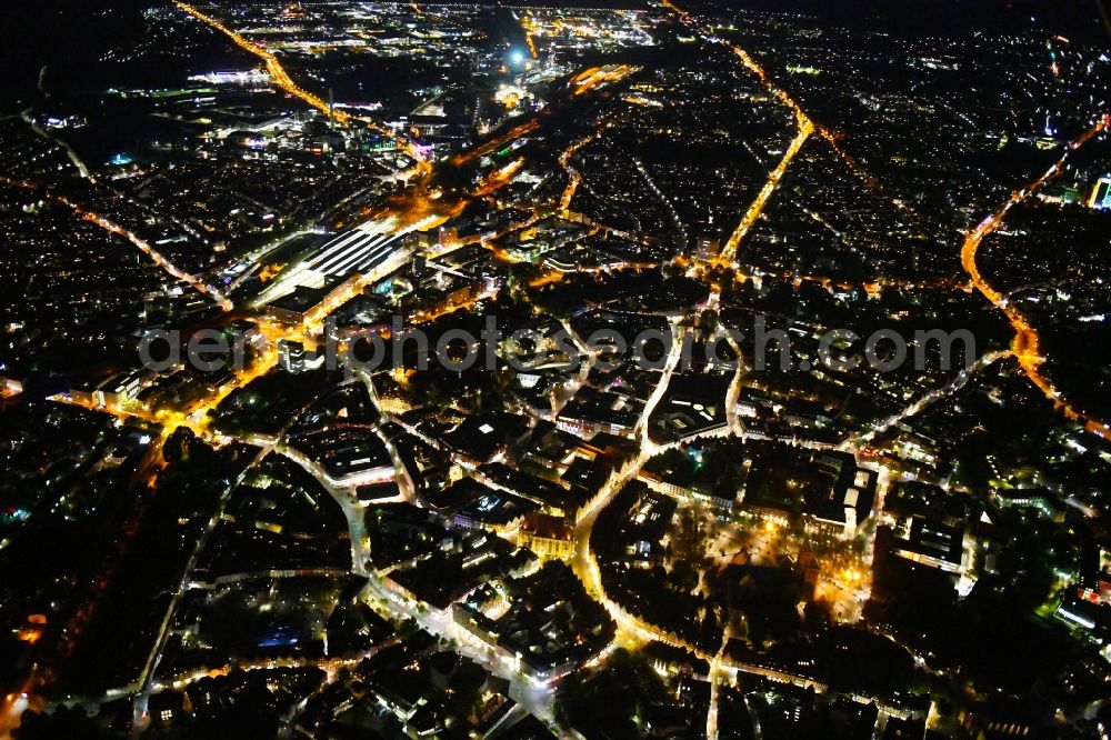 Münster at night from the bird perspective: Night lighting Old Town area and city center in Muenster in the state North Rhine-Westphalia, Germany