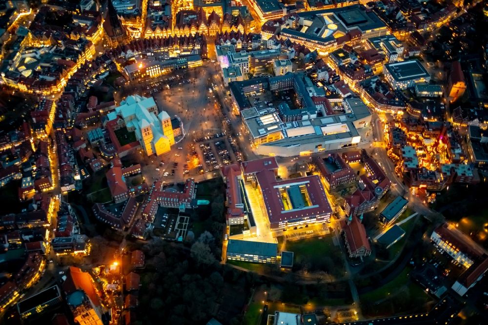 Aerial photograph at night Münster - Night lighting old Town area and city center in Muenster in the state North Rhine-Westphalia, Germany
