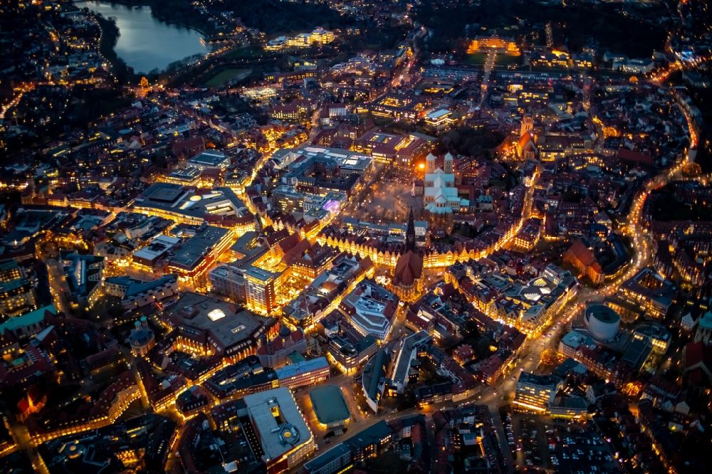 Aerial image at night Münster - Night lighting old Town area and city center in Muenster in the state North Rhine-Westphalia, Germany