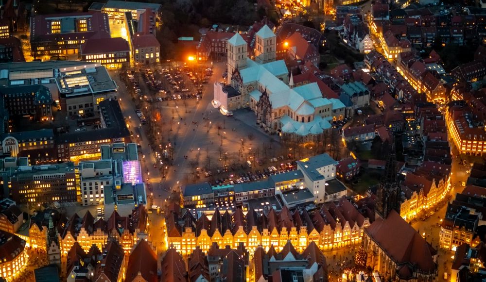 Münster at night from above - Night lighting old Town area and city center in Muenster in the state North Rhine-Westphalia, Germany