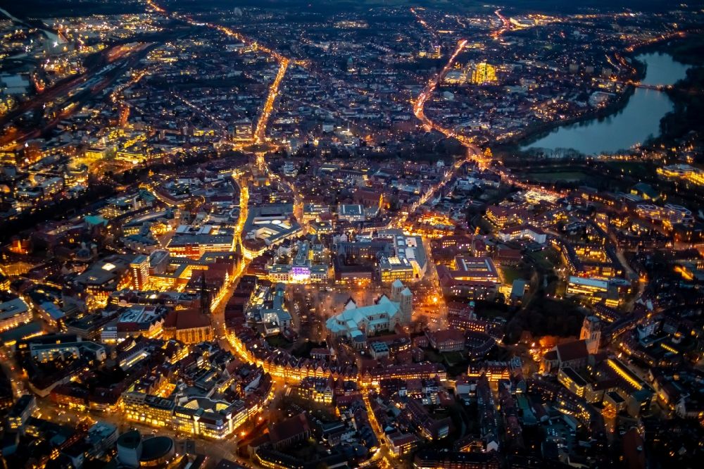 Münster at night from above - Night lighting old Town area and city center in Muenster in the state North Rhine-Westphalia, Germany