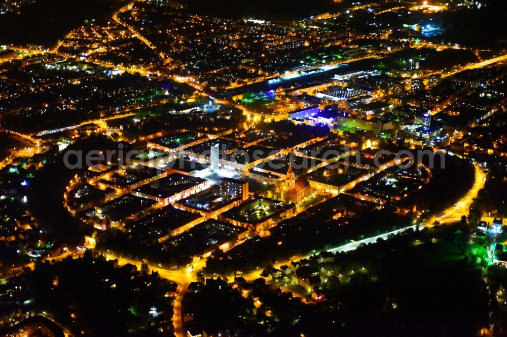 Neubrandenburg at night from above - Night lighting Old Town area and city center in Neubrandenburg in the state Mecklenburg - Western Pomerania, Germany