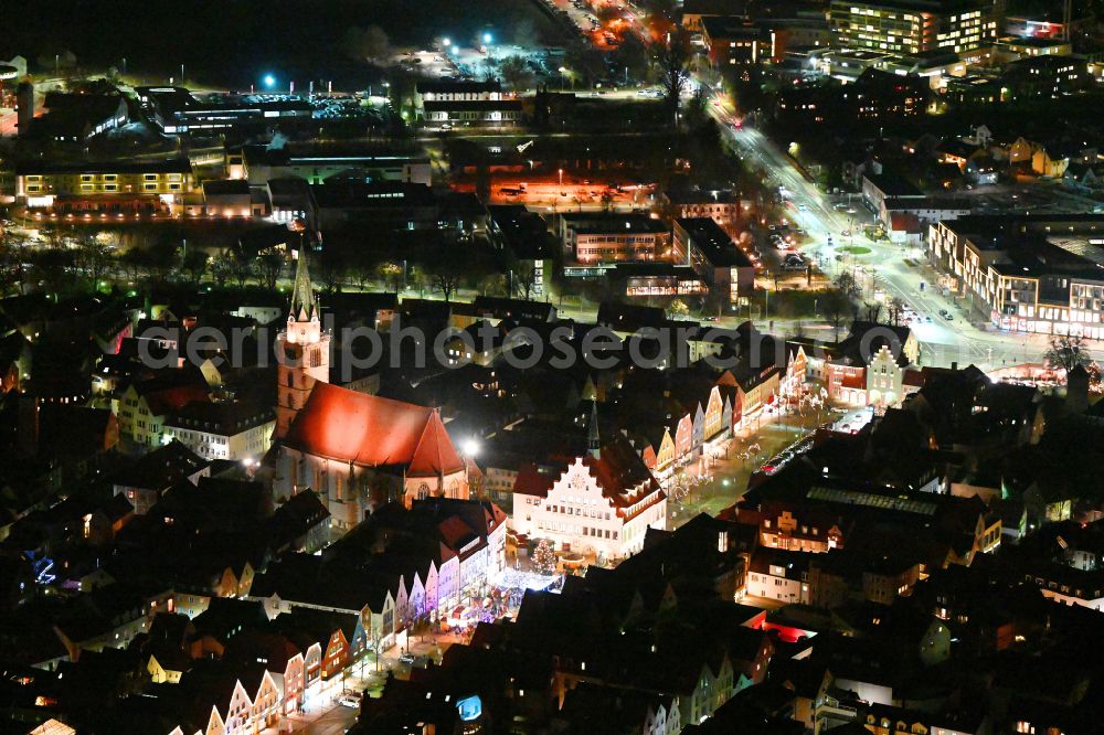 Neumarkt in der Oberpfalz at night from the bird perspective: Night lighting old Town area and city center on street Obere Marktstrasse in Neumarkt in der Oberpfalz in the state Bavaria, Germany