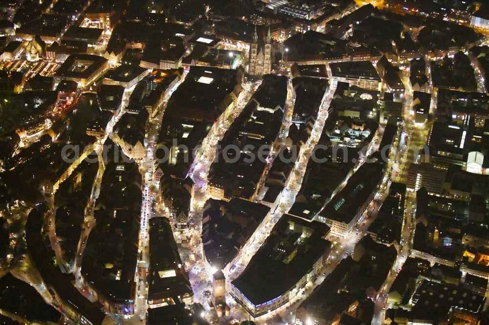 Nürnberg at night from the bird perspective: Night lighting Old Town area and city center in Nuremberg in the state Bavaria, Germany