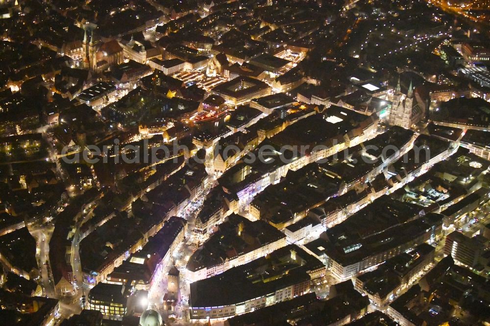 Aerial photograph at night Nürnberg - Night lighting Old Town area and city center in Nuremberg in the state Bavaria, Germany