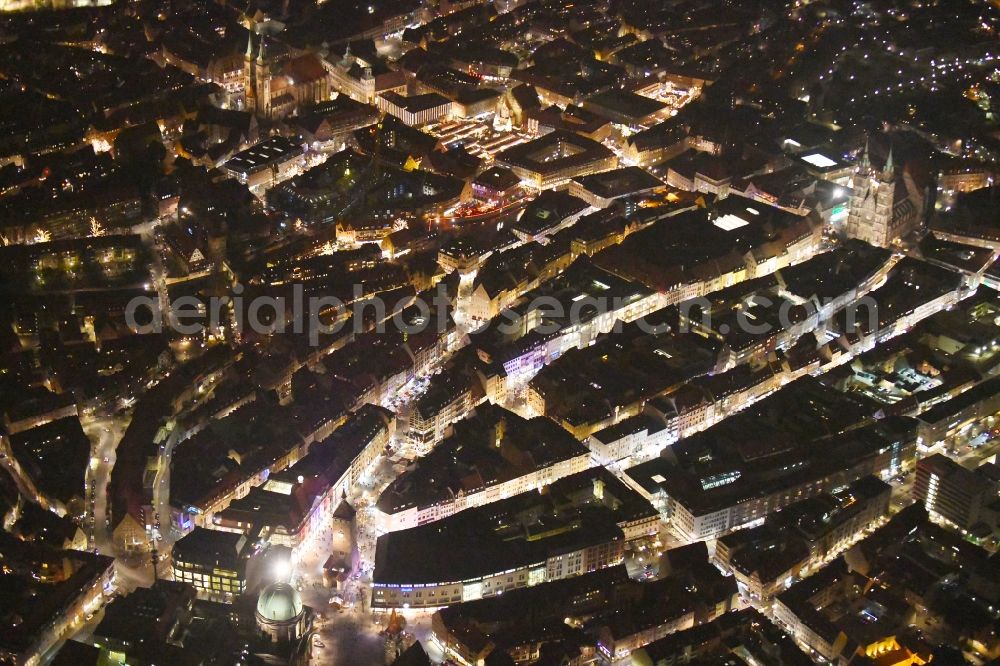Aerial image at night Nürnberg - Night lighting Old Town area and city center in Nuremberg in the state Bavaria, Germany