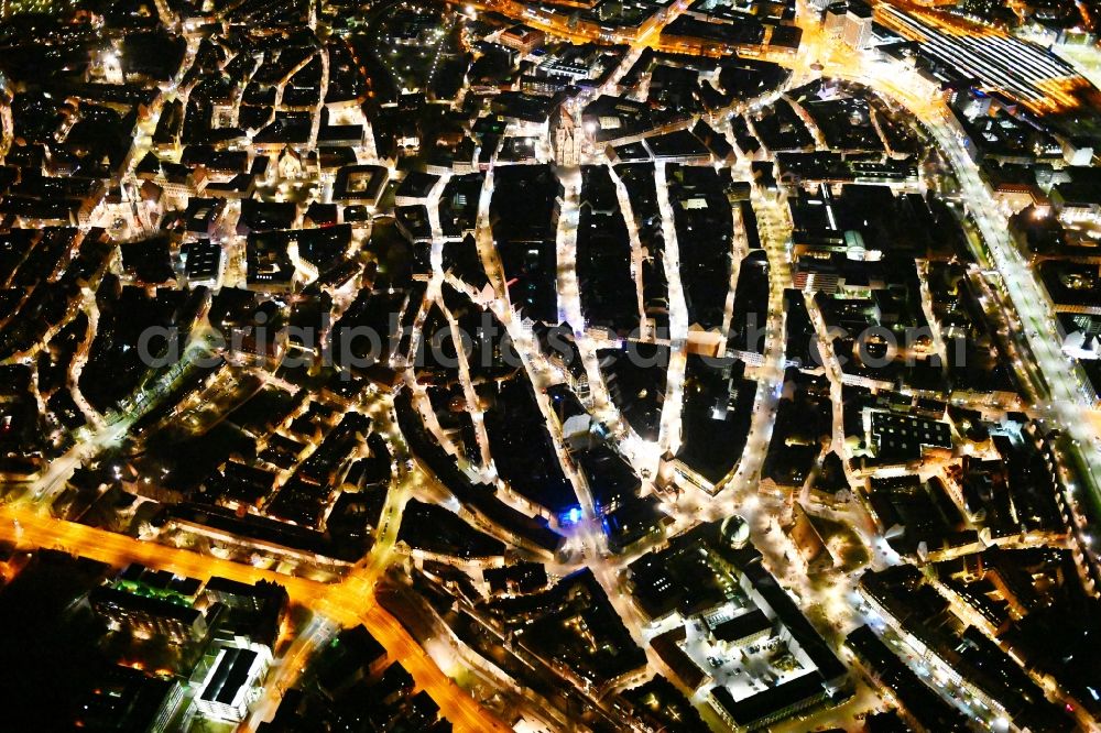 Nürnberg at night from the bird perspective: Night lighting old Town area and city center in Nuremberg in the state Bavaria, Germany