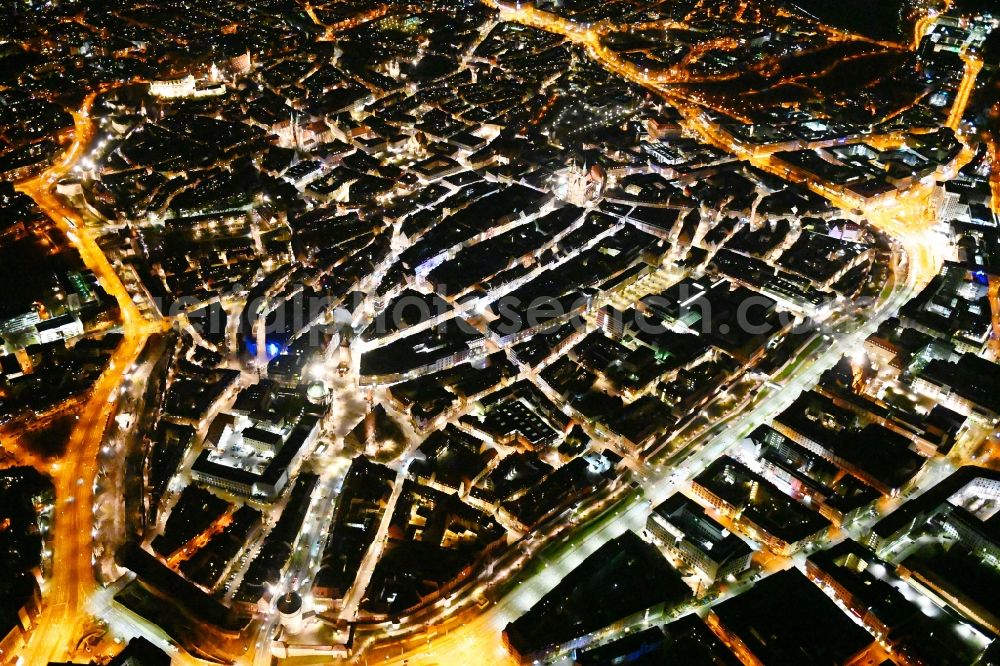 Aerial photograph at night Nürnberg - Night lighting old Town area and city center in Nuremberg in the state Bavaria, Germany