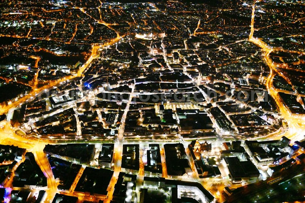 Aerial image at night Nürnberg - Night lighting old Town area and city center in Nuremberg in the state Bavaria, Germany