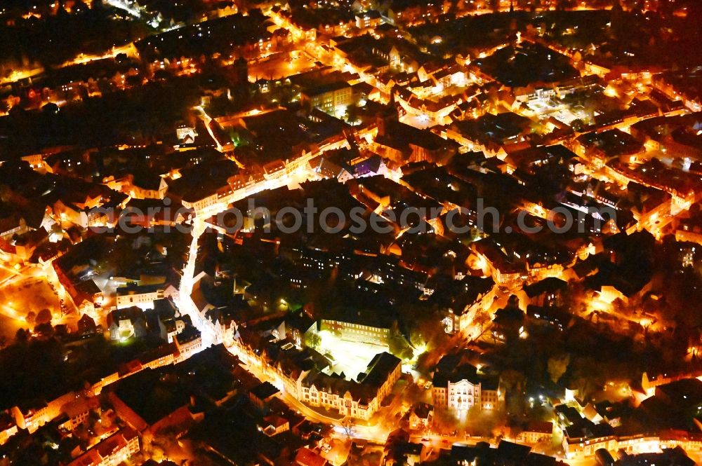 Aerial image at night Quedlinburg - Night lighting old Town area and city center in Quedlinburg in the state Saxony-Anhalt, Germany