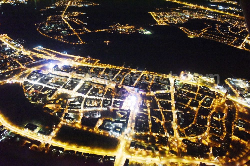 Rostock at night from the bird perspective: Night view old Town area and city center in Rostock in the state Mecklenburg - Western Pomerania