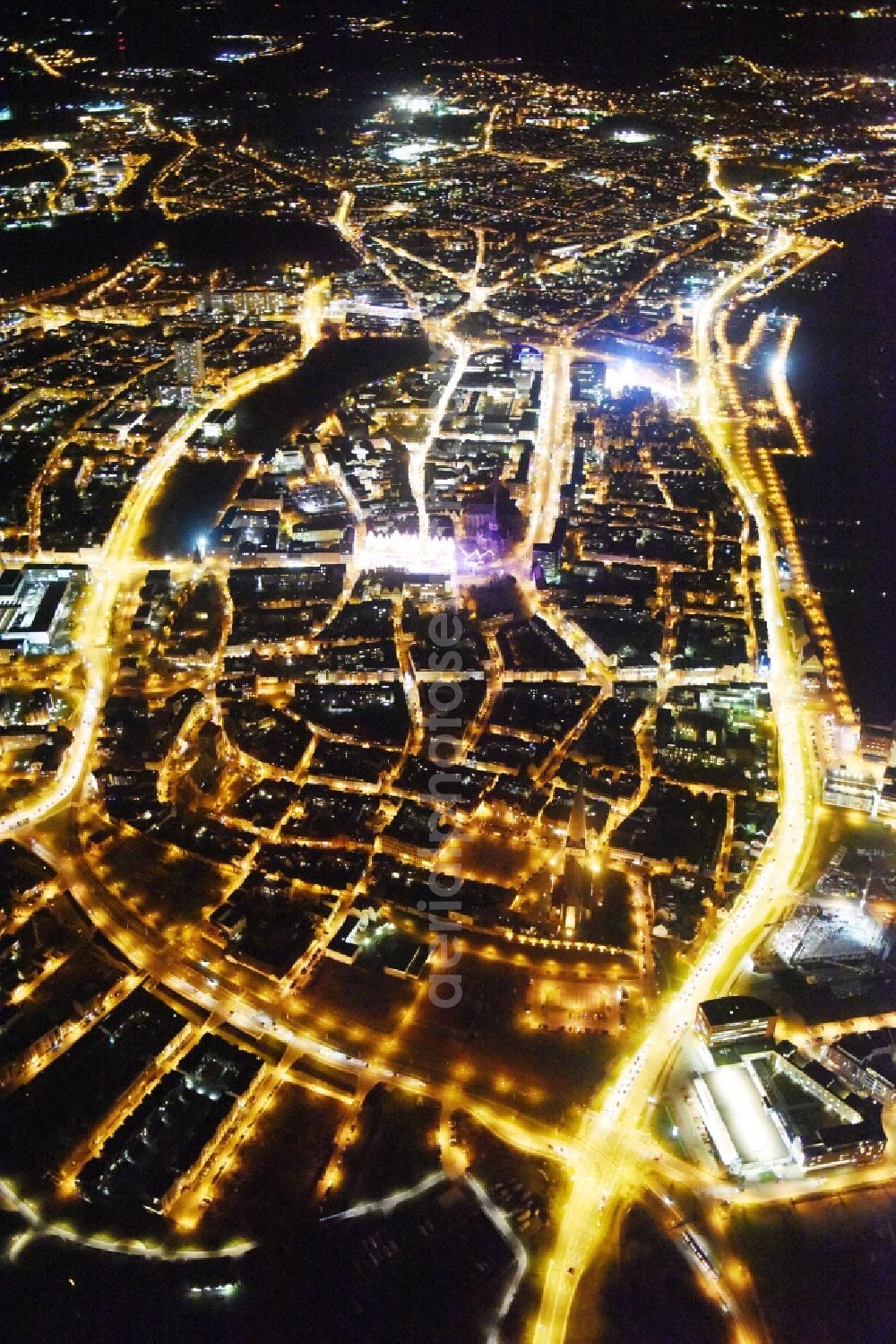 Aerial image at night Rostock - Night view old Town area and city center in Rostock in the state Mecklenburg - Western Pomerania