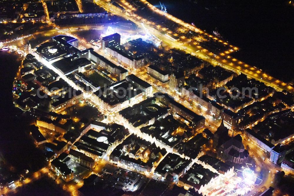 Rostock at night from above - Night view old Town area and city center in Rostock in the state Mecklenburg - Western Pomerania