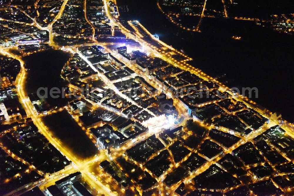 Rostock at night from the bird perspective: Night view old Town area and city center in Rostock in the state Mecklenburg - Western Pomerania