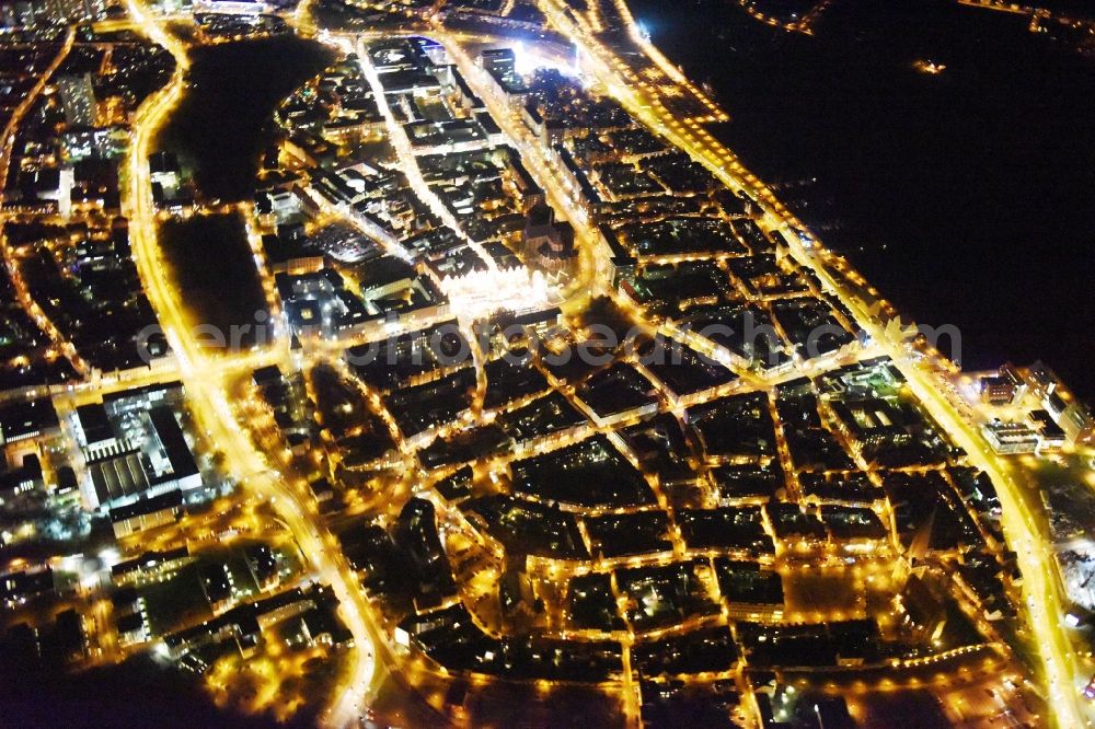 Aerial image at night Rostock - Night view old Town area and city center in Rostock in the state Mecklenburg - Western Pomerania