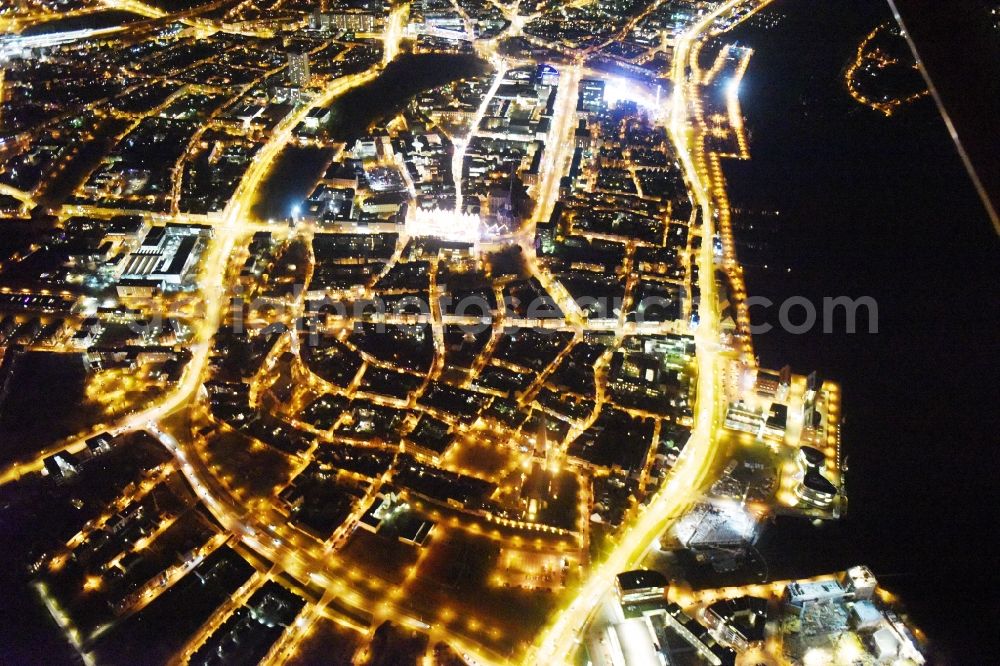 Aerial photograph at night Rostock - Night view old Town area and city center in Rostock in the state Mecklenburg - Western Pomerania