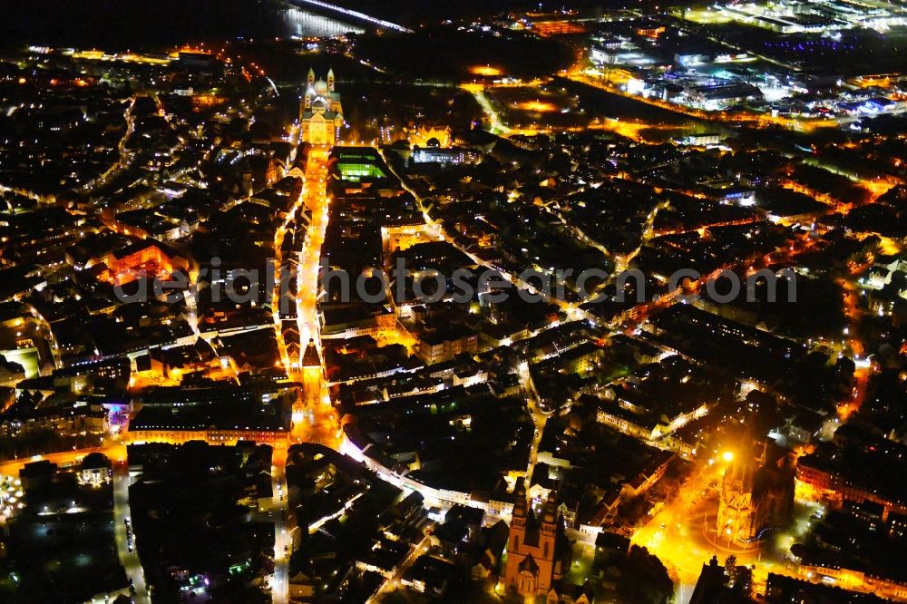 Speyer at night from above - Night lighting old Town area and city center in Speyer in the state Rhineland-Palatinate, Germany