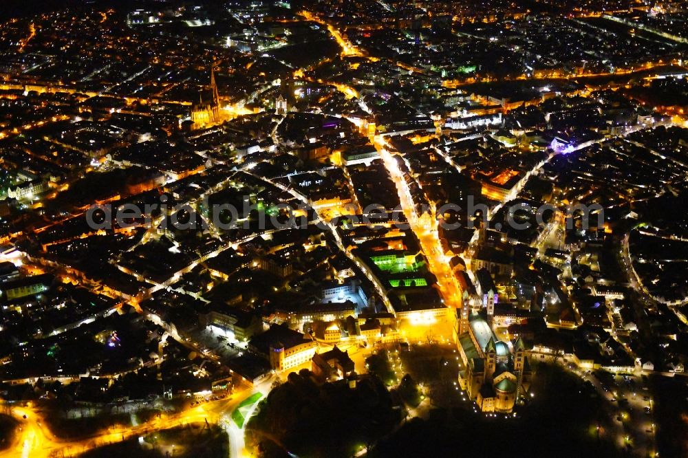 Aerial photograph at night Speyer - Night lighting old Town area and city center in Speyer in the state Rhineland-Palatinate, Germany