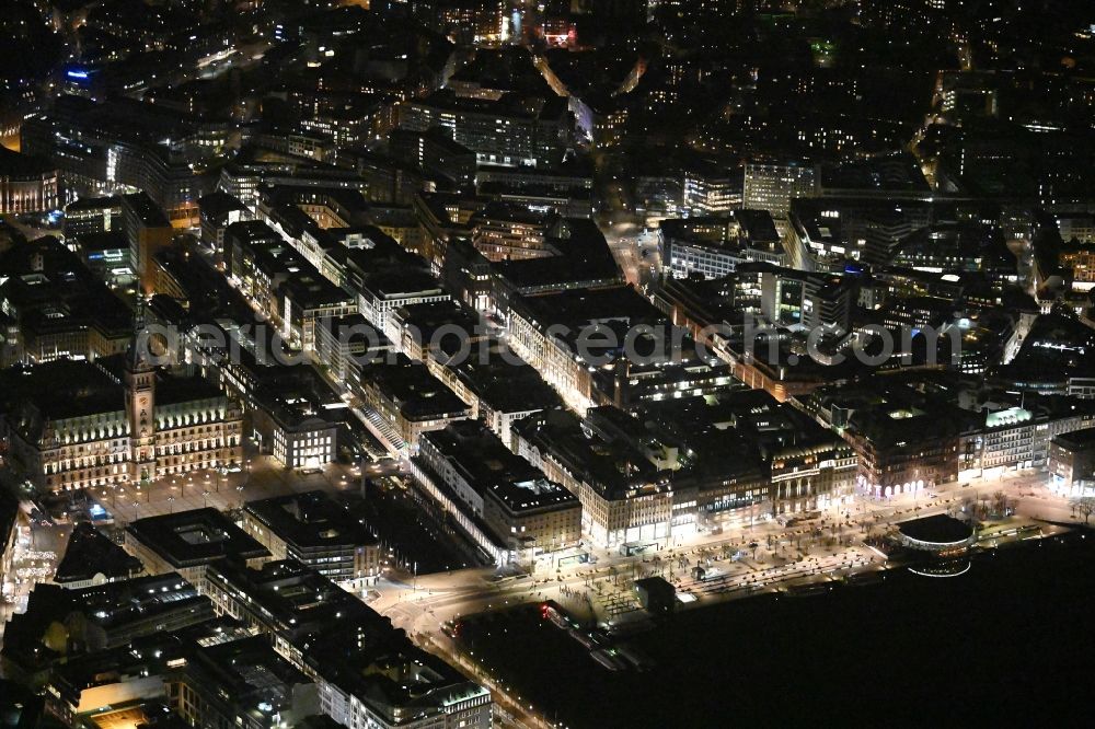 Aerial image at night Hamburg - Night lighting old Town area and city center Jungfernstieg - Ballindonm - Grosse Bleichen on lake shore of Binnenalster in Hamburg, Germany