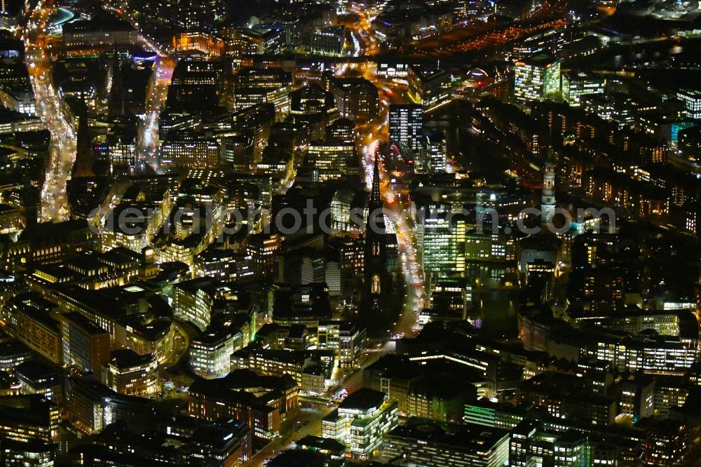 Aerial image at night Hamburg - Night lighting old Town area and city center Willy-Brandt-Strasse - Steinstrasse in the district Altstadt in Hamburg, Germany