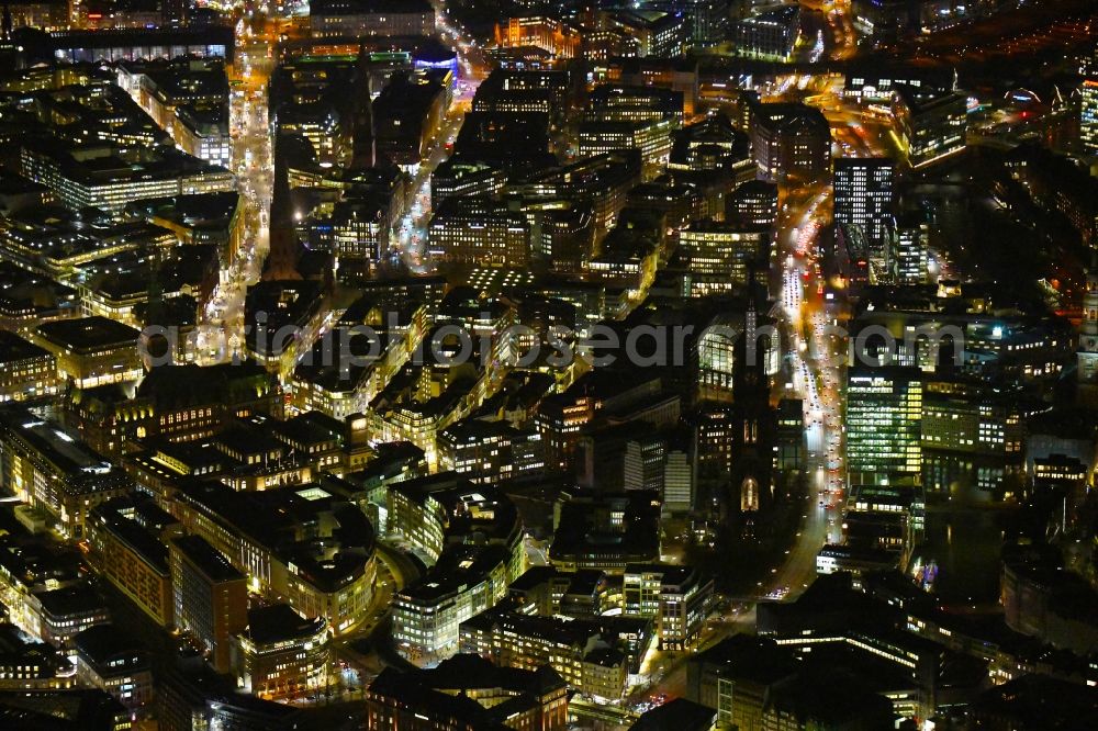 Aerial photograph at night Hamburg - Night lighting old Town area and city center Willy-Brandt-Strasse - Steinstrasse in the district Altstadt in Hamburg, Germany