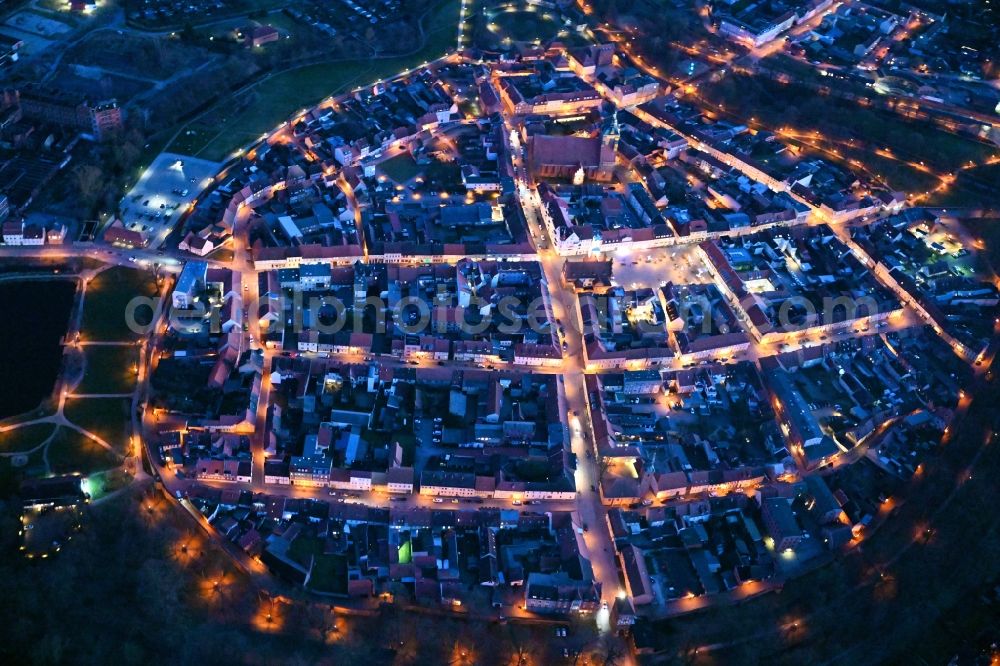 Aerial photograph at night Wittstock/Dosse - Night lighting old Town area and city center in Wittstock/Dosse in the state Brandenburg, Germany