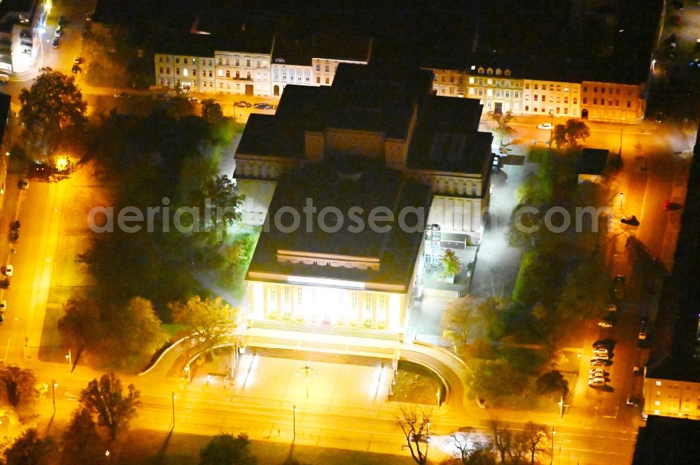 Dessau at night from above - Night lighting building of the concert house and theater play house Anhaltisches Theater Dessau at the peace place in Dessau in the state Saxony-Anhalt, Germany