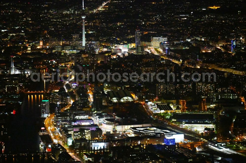 Berlin at night from above - Night lighting building on Anschutz- Areal along of Muehlenstrasse in the district Friedrichshain in Berlin, Germany