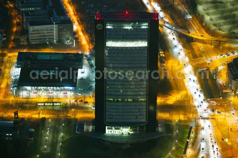 Düsseldorf at night from above - Night lighting office and administration buildings ARAG-Tower of the insurance company ARAG SE in Duesseldorf in the state North Rhine-Westphalia