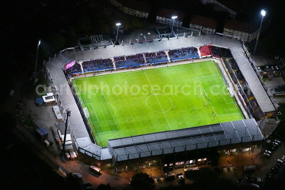 Aerial photograph at night Osnabrück - Night lighting Sports facility grounds of the Arena - stadium in the district Schinkel in Osnabrueck in the state Lower Saxony, Germany