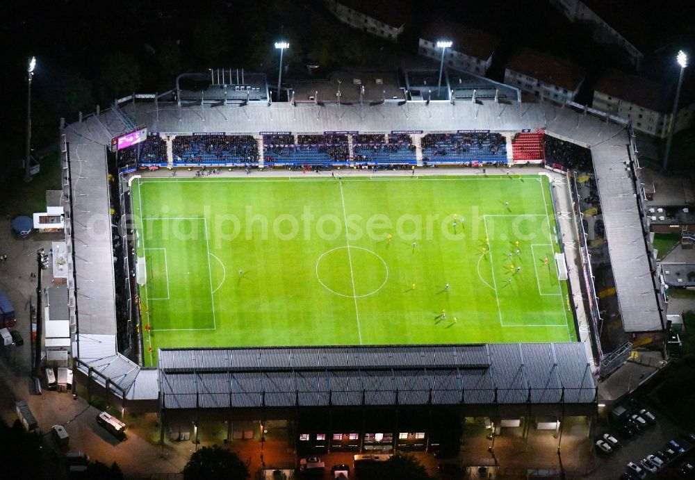 Aerial image at night Osnabrück - Night lighting Sports facility grounds of the Arena - stadium in the district Schinkel in Osnabrueck in the state Lower Saxony, Germany