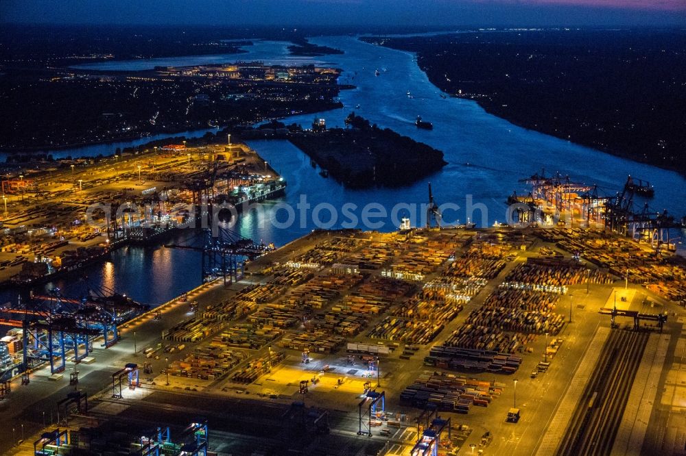 Aerial photograph at night Hamburg - Night aerial view on loading and unloading of containers at the port of Hamburg in Hamburg