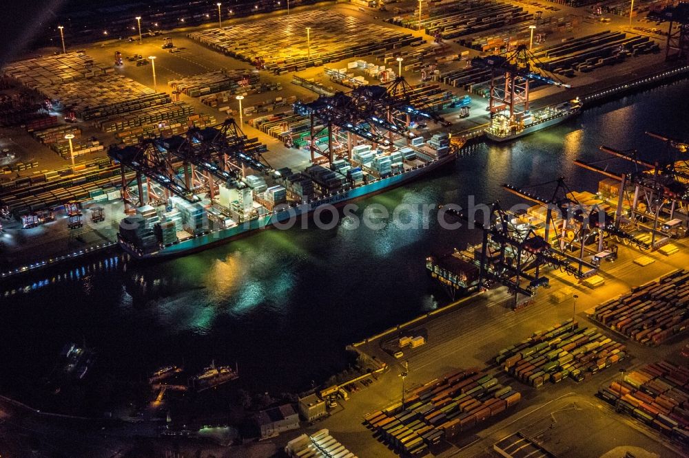 Aerial image at night Hamburg - Night aerial view on loading and unloading of containers at the port of Hamburg in Hamburg