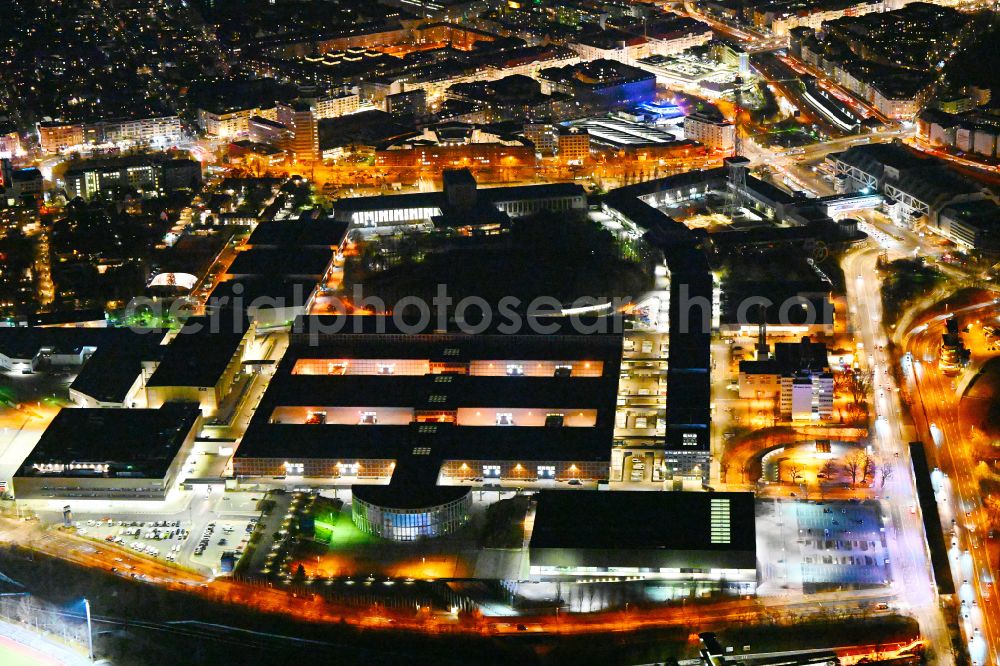 Aerial image at night Berlin - Night lighting exhibition grounds and exhibition halls on Funkturm - Messedamm - Kongresszentrum ICC in the district Charlottenburg in Berlin, Germany