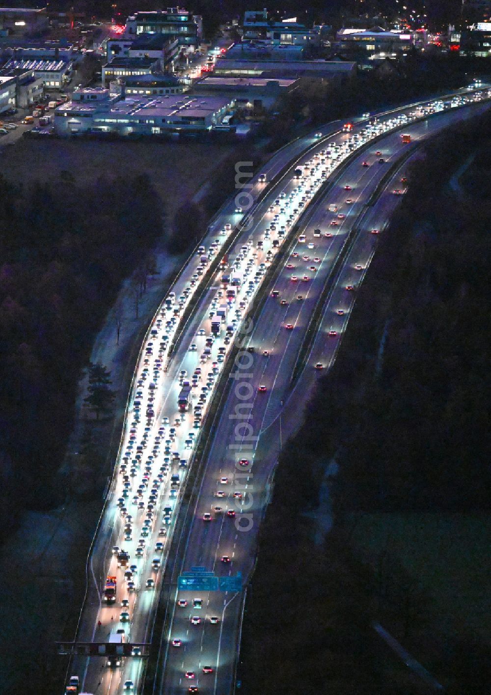 Aerial photograph at night Lochham - Night lighting motorway congestion along the route of the lanes BAB A96 in Lochham in the state Bavaria, Germany