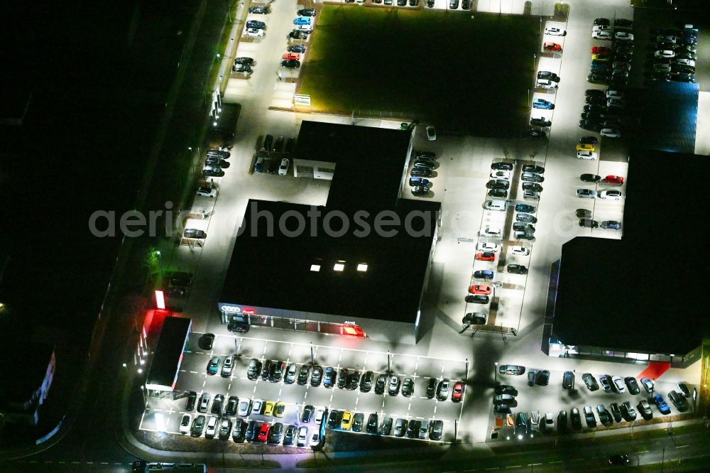 Gotha at night from above - Night lighting car dealership building der AHG Gotha - Audi Partner on Cyrusstrasse in Gotha in the state Thuringia, Germany
