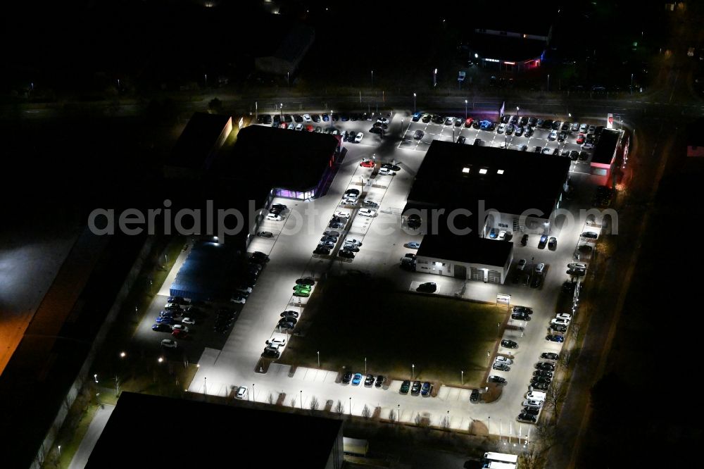 Gotha at night from above - Night lighting car dealership building der AHG Gotha - Audi Partner on Cyrusstrasse in Gotha in the state Thuringia, Germany