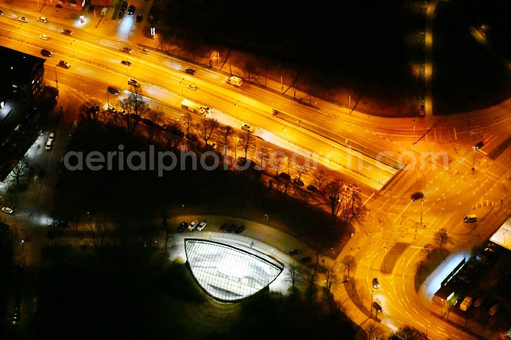 Aerial photograph at night München - Night lighting station building and track systems of Metro subway station St.-Quirin-Platz - Fromundstrasse in the district Untergiesing-Harlaching in Munich in the state Bavaria, Germany