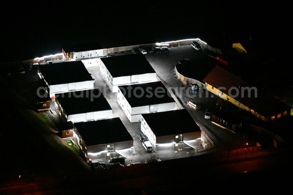 Großlöbichau at night from above - Night lighting construction workers container settlement as temporary accommodation in Grossloebichau in the state Thuringia, Germany