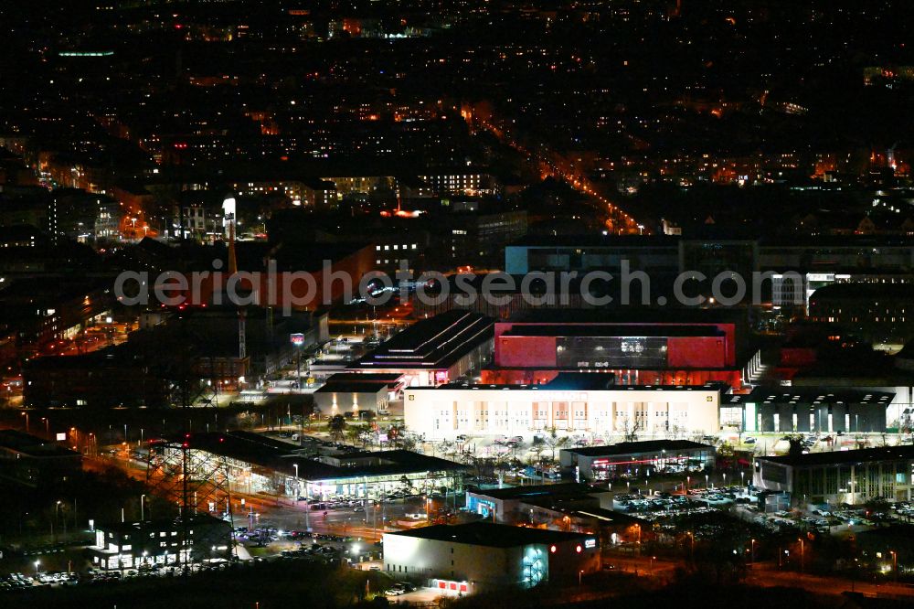 Aerial photograph at night Leipzig - Night lighting building of the construction market Hornbach in the district Zentrum-Suedost in Leipzig in the state Saxony, Germany