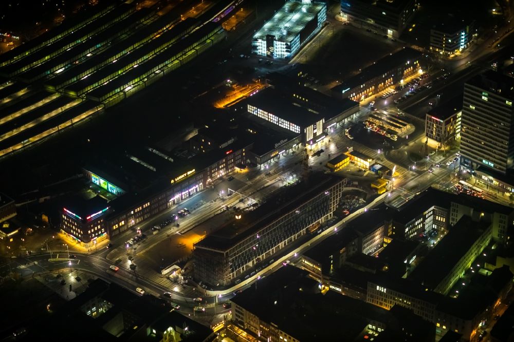 Aerial photograph at night Duisburg - Night lighting building site office building Mercator One on Mercatorstrasse in Duisburg in the state North Rhine-Westphalia, Germany