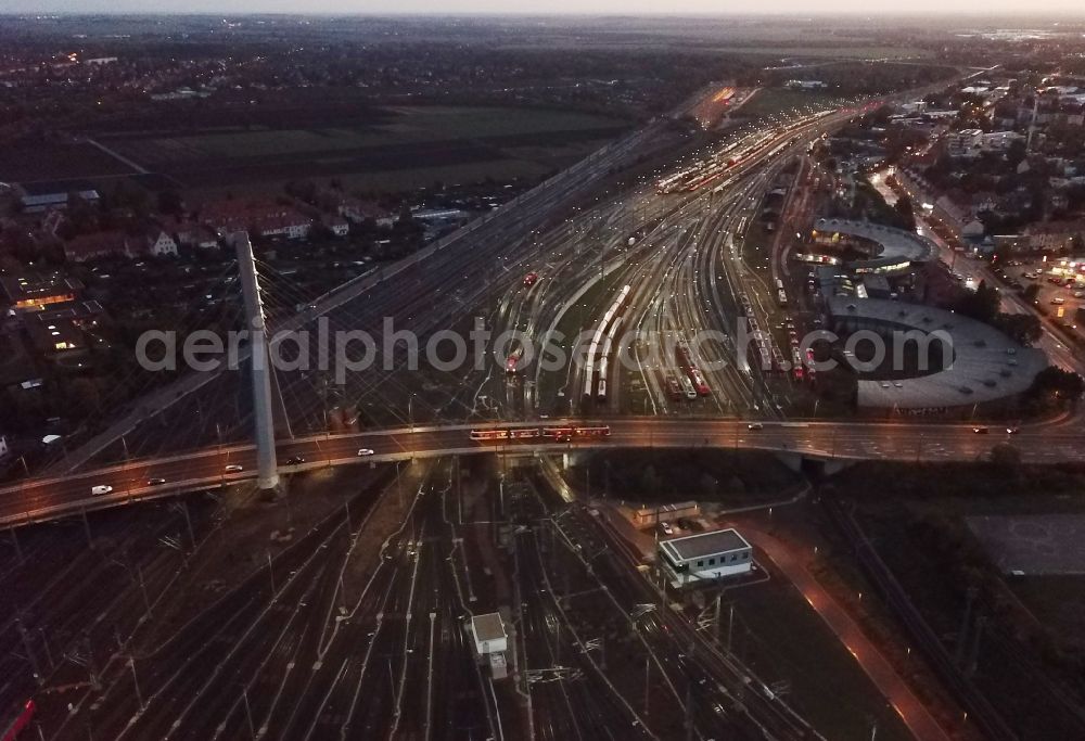 Aerial image at night Halle (Saale) - Night lighting view of Berlin Bridge in Halle (Saale) in Saxony-Anhalt