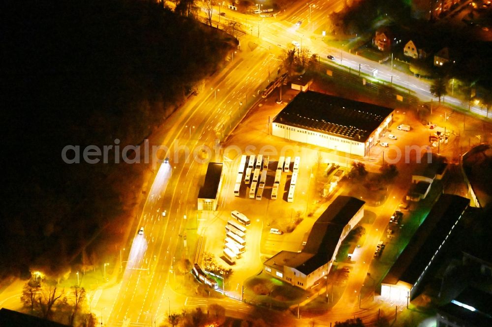 Dessau at night from the bird perspective: Night lighting site of the depot of the of tram on Erich-Koeckert-Strasse in Dessau in the state Saxony-Anhalt, Germany
