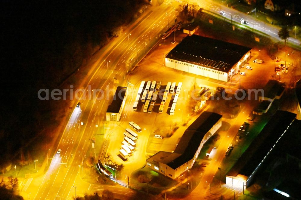 Aerial photograph at night Dessau - Night lighting site of the depot of the of tram on Erich-Koeckert-Strasse in Dessau in the state Saxony-Anhalt, Germany