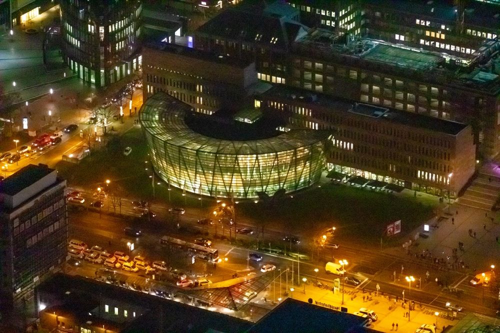 Dortmund at night from above - Night lighting library Building of Stadt- and Landesbibliothek in the district City-West in Dortmund in the state North Rhine-Westphalia, Germany