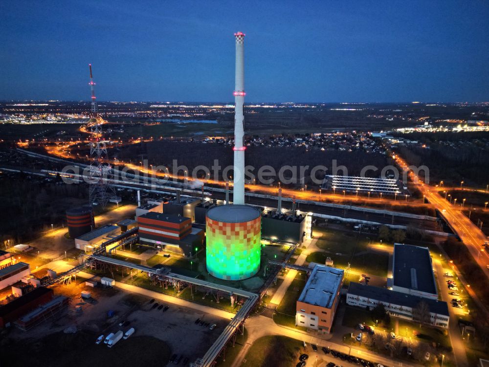 Halle (Saale) at night from above - Night lighting power station plants of the combined heat and power station - regional heat on Dieselstrasse in Halle (Saale) in the state Saxony-Anhalt, Germany