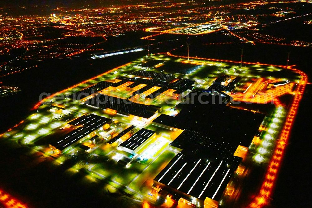 Leipzig at night from above - Night lighting site location of Bayerische Motoren Werke AG BMW Leipzig in Saxony