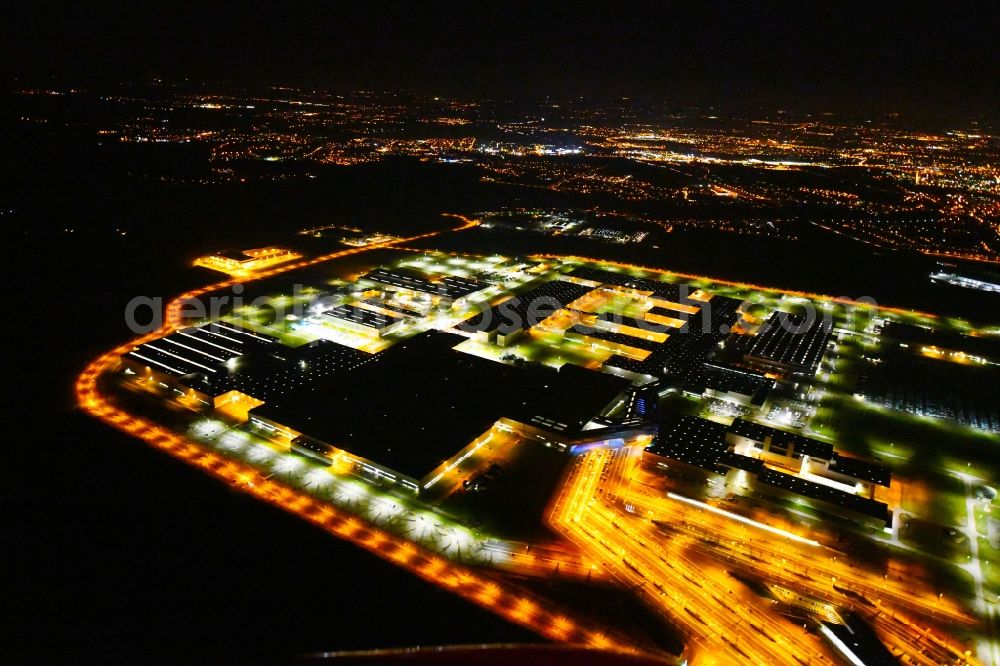 Leipzig at night from above - Night lighting site location of Bayerische Motoren Werke AG BMW Leipzig in Saxony